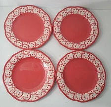 Pioneer Woman Betsy Dinner Plates 4 Red 10.5" Floral Geometric Elegant Scalloped