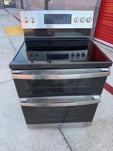 GE Freestanding Double Oven Electric Range Black Stainless Steel Cooktop