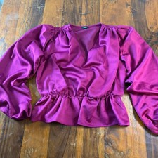 Express Womens Magenta Purple Textured Peplum Blouse Long Sleeve V-Neck Size M
