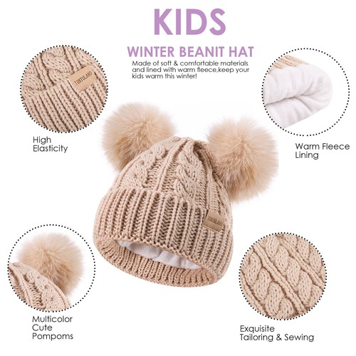 Kids Winter Beanie Childrens Warm Fleece Ski Pom Hat Boys Girls 3-9 Years - Picture 3 of 7