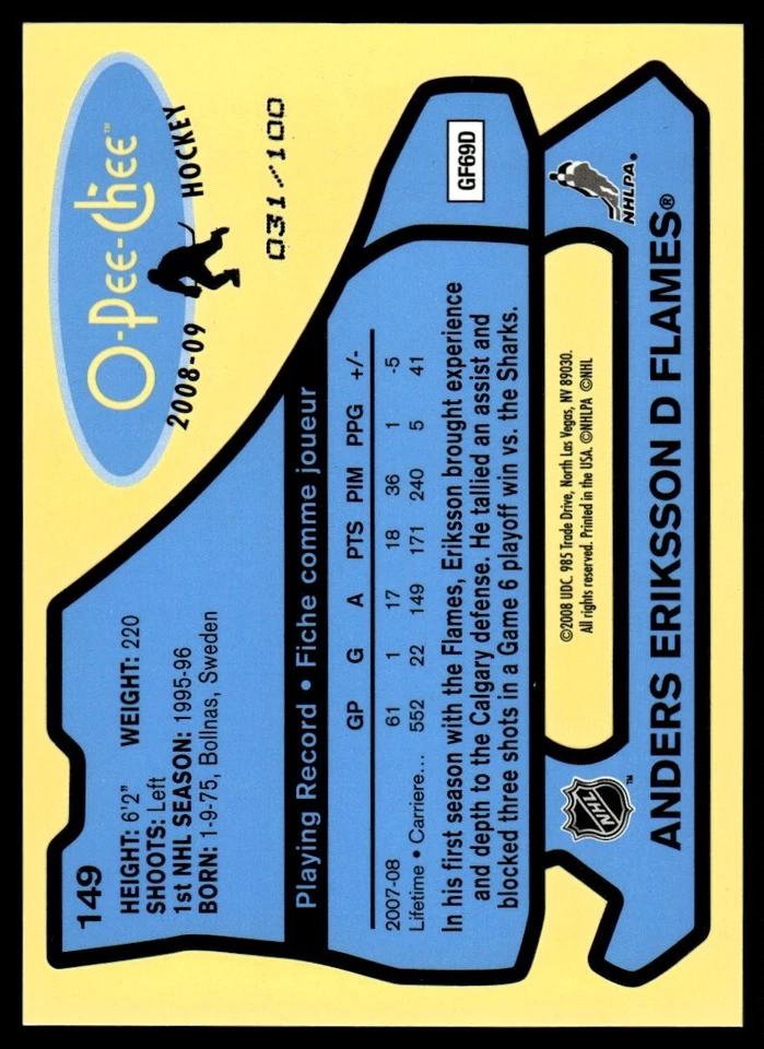 2008-09 O-Pee-Chee 1979-80 Retro FOIL Anders Eriksson /100 Calgary Flames #149 . - Image 2 of 2