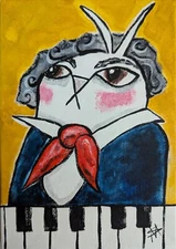 Cat Painting Original Collectible Piano Music Beethoven Folk Art Samantha McLean