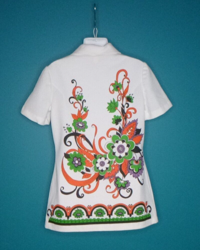 NWOT Vtg 60s 70s MOD Flower Power Polyester Zip Front Tunic Top Sz M/L Orange - Bild 9 von 11