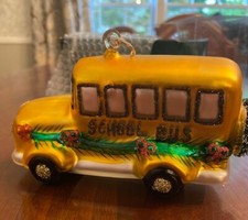 Hand Blown Glass Yellow School Bus Christmas Ornament Encased Garland Wreath