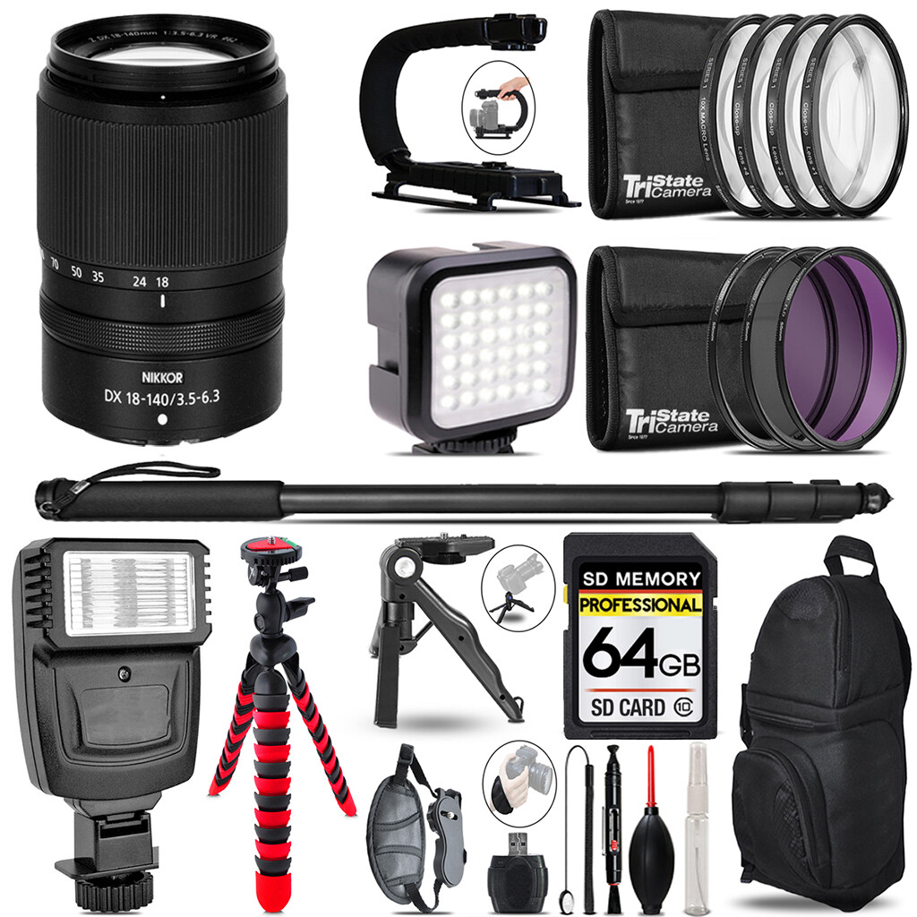 Nikon NIKKOR Z DX 18-140mm f/3.5-6.3 VR Lens Video Kit + Flash +