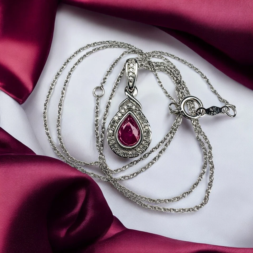 Natural Burmese Ruby Halo Diamond Necklace in 10K Gold -18" -1CT -Pear Cut -2.6g - Image 2 of 4