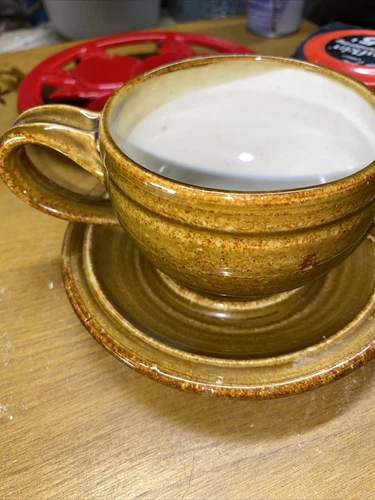 Handcrafted Artisan Cup Mug Saucer Studio Thrown Pottery Drip Glaze Signed “GIN”