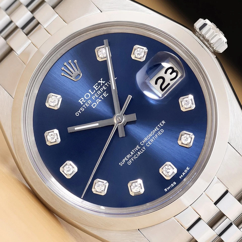 ROLEX OYSTER PERPETUAL DATE 1500 BLUE DIAMOND DIAL STAINLESS STEEL 34MM WATCH