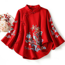 Chinese Embroidery Tang Suit Top Shirt Floral Women Retro Ethnic Blouse Elegant