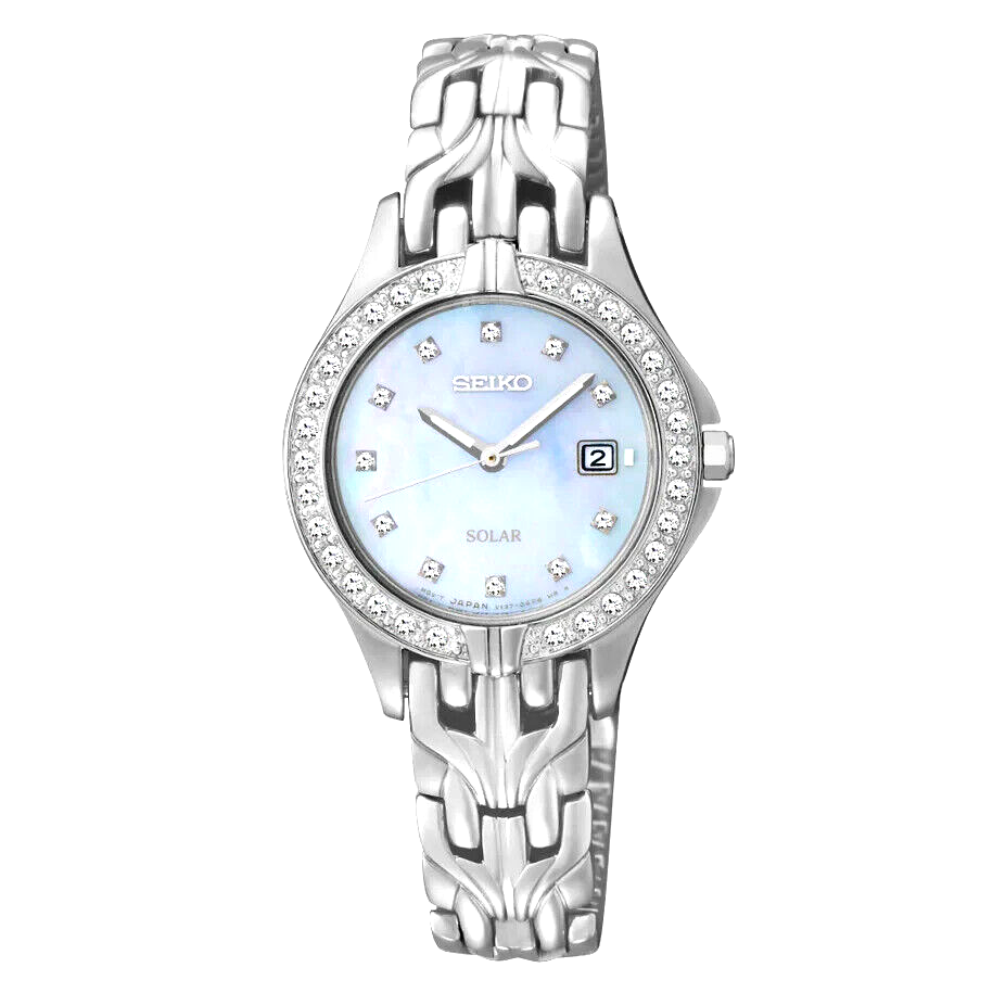 Seiko SUT083 Solar Mother of Pearl Dial Crystal Accented Silver Tone Watch
