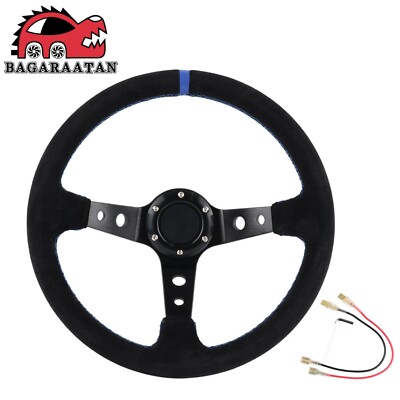 345mm 6 Hole Drift Racing Steering Wheel Deep Dish Suede Leather w/ Horn Button