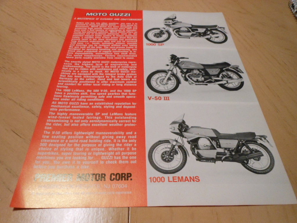 NOS NEW Vintage Brochure Moto Guzzi 1000 SP V-50 1000 Lemans - Main Image