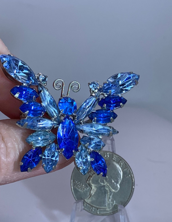 Butterfly Blue Rhinestones JULIANA Vintage Silver Brooch Pin
