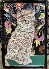 Arts and Crafts Deco style CAT tile #3. “Cream puff”Great gift. Louis Wain Type