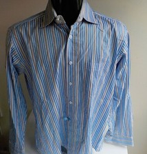 BUGATCHI Uomo Striped Flip Cuff 100 Cotton Shirt SZ L Blue/Beige/White