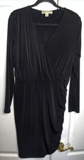 Michael Kors Dress Womens L Black Knit Faux Wrap Ruche Long Sleeve Mini Classic