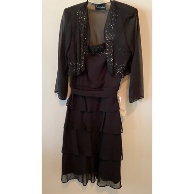 S.L. Fashions 2pc Black Dress Silver Sequin Ruffled Tiers Ruched Waist Size  12 | eBay