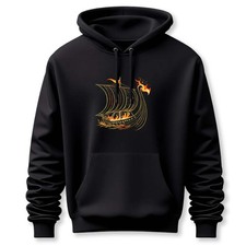 Burning Viking Ship Graphic Hoodie  Norse Funeral Longship Unisex Pullover V2