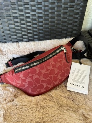 NWT Coach Warren Mini Signature Denim & Leather Belt Bag CAJ43 Ruby Red