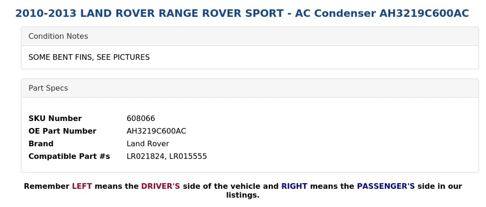 2010-2013 LAND ROVER RANGE ROVER SPORT - AC Condenser AH3219C600AC - Image 4 of 4
