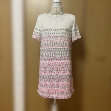 CHANEL Knit Dress Silver Pink Blue Short Sleeve Size 42 Vintage SR2036