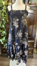 M VINTAGE Young Edwardian Blue Prairie Dress Floral Smocked Ruffle Tiers Layered