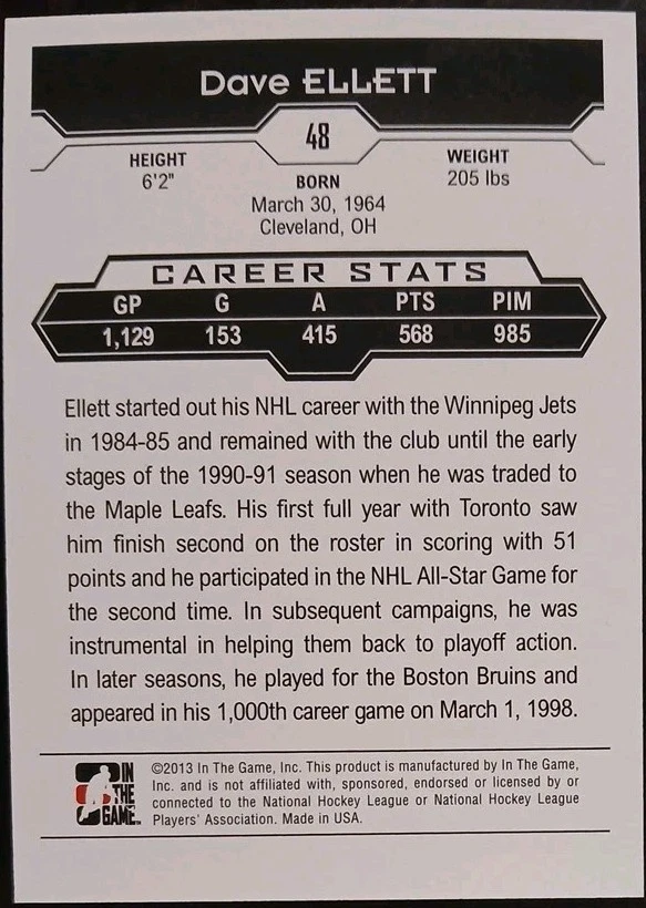 2013 - 2014 ITG Dave Ellett Decades The 90's Gold /30 #48 Hockey Card - Image 2 of 2