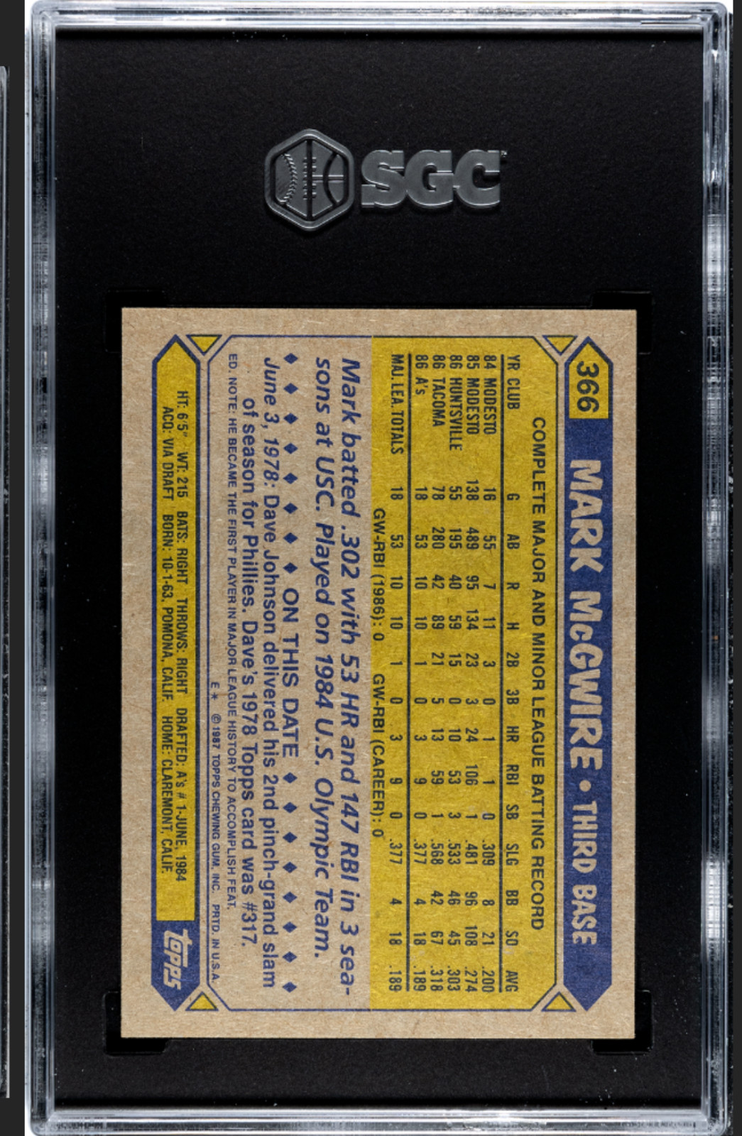 1987 Topps - Mark McGwire #366 Oakland A's view 2