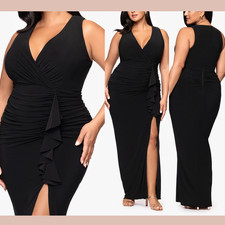 NWT 209 Betsy  Adam  16W  Bobbi V-Neck Ruched Ruffle Column Gown Black S2084