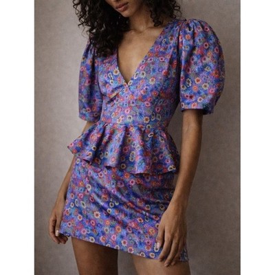Rotate Birger Christensen Floral Peplum Mini Dress Size 6 Coquette Euro Summer