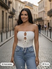 Women's White Solid Halter Backless Tie-Front Bodysuit Size M