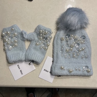 Alex Max Beaded Light Blue Soft Pom Pom Hat & Fingerless Gloves Set, NWT!