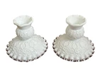 2 Vintage Fenton Spanish Lace Milk Art Glass Candlestick Holders Signed 4"