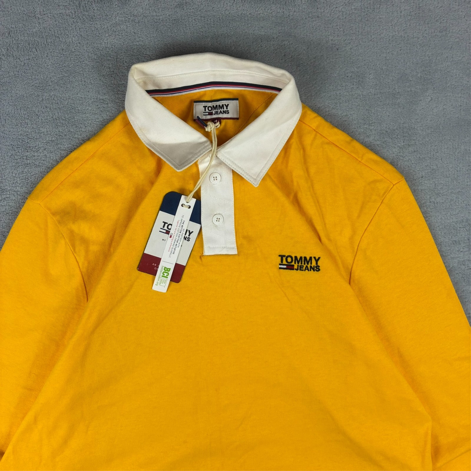 VTG Tommy Jeans Yellow Colour Block White Oversized Sz M Rugby Shirt Sweatshirt image 4
