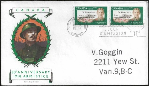 🍁Canada  #487    "John Mc Crae"  Fine Used  1968  Jackson First Day Cover