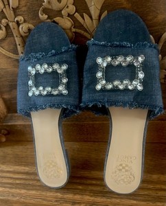 Vince Camuto Davanda Denim Buckle Rhinestone Bling Slide Sandals Mules Ladies 9M