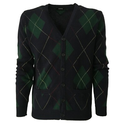 Strickjacke Herren Blau Zeichnung Argyle Grün Alpha studio Mod AU-1260E 100%