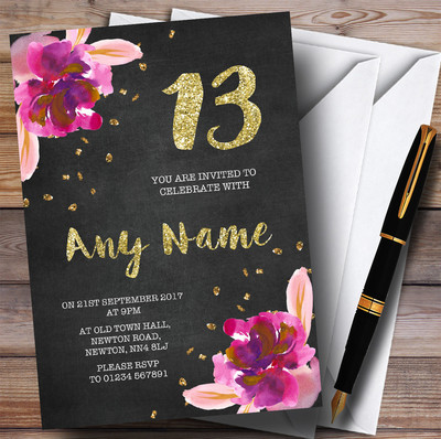 Kreide Gold Konfetti Rosa Blumen 13. Personalisiert Geburtstag Party Einladungen