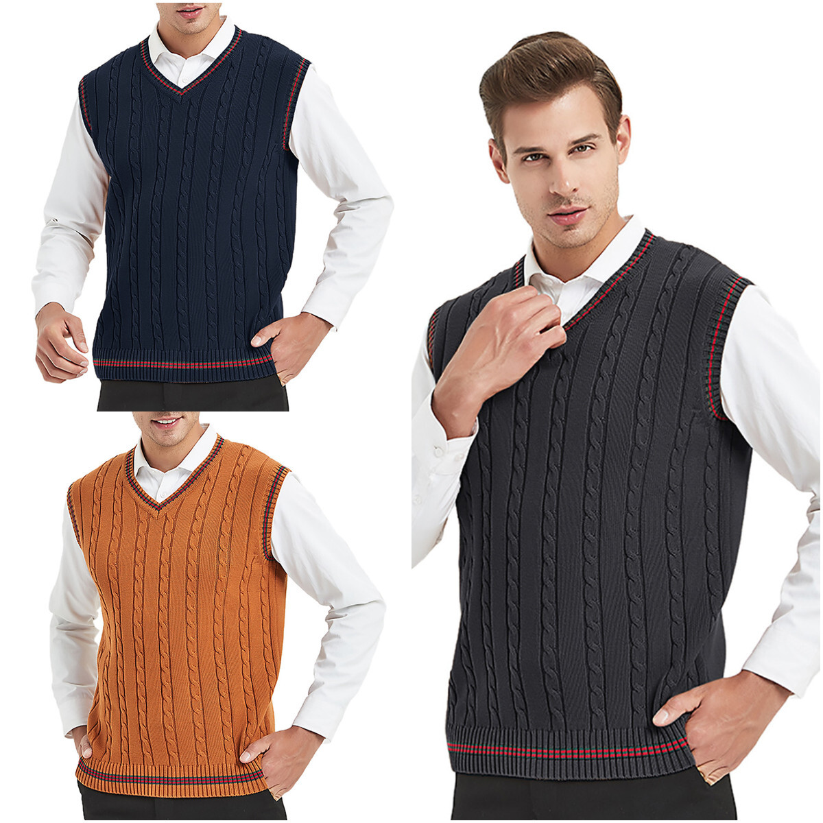 Mens Sweater Vest VNeck Sleeveless Pullover Cable Knit Business Casual
