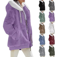 Women's Fur Jacket Winter Warm Plush Pocket Hooded Loose Lady Outerwear Coat NEW