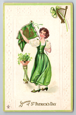 Souvenir of St. Patrick's Day Woman In Green Dress Harp 1913 Vtg Postcard |  eBay