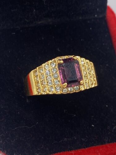 Fashion Luxury 14k HGE Royal Rolex Style Designed Crystals Amethyst Ring Sz:6.5 - Afbeelding 1 van 20