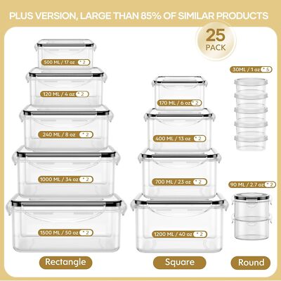 50-Piece Food Storage Containers with Lids (25 Containers & 25 Lids), Airtight