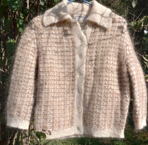 Mohair Angora Cardigan Sweater Cable Knit Fuzzy Collar Vtg Women's Fisherman - Picture 7 of 10