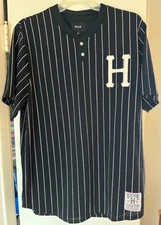 Mens Size Large HUF Bronx Black & White pinstripe Henley Mesh Baseball Jersey