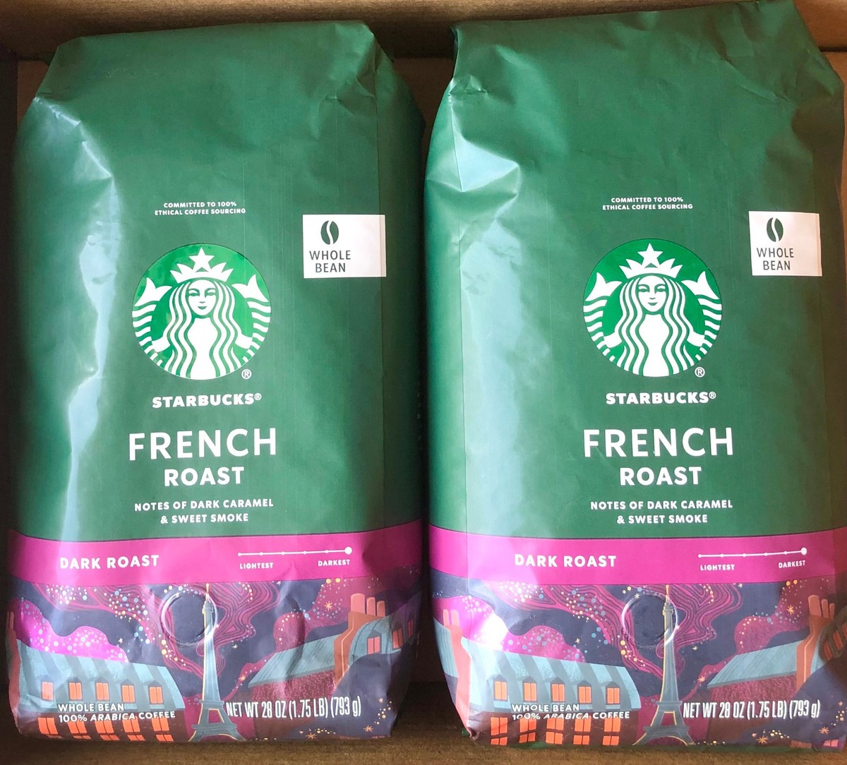 2 Bags STARBUCKS French Roast DARK Whole Bean, 100% Arabica Coffee