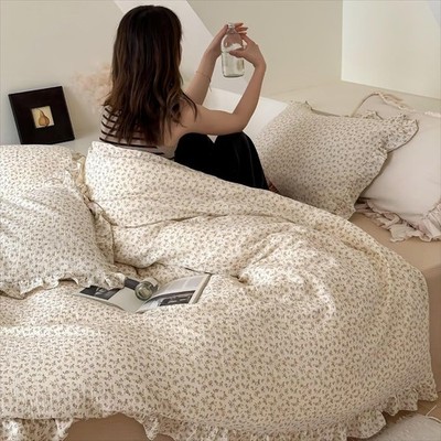 Muslin Duvet Cover for Queen Size Bed, Vintage Farmhouse Bedding Camellia Floral