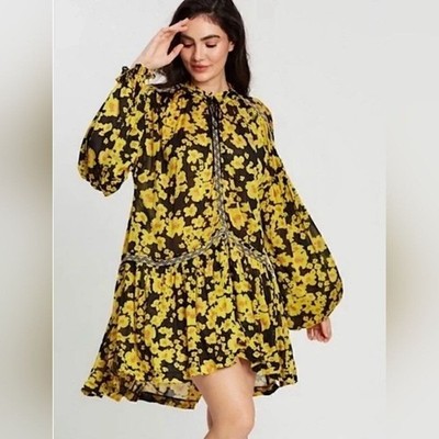 Free People Love Letter Floral Tunic Bluse Yellow Black Top Dress Sz Medium