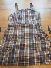 American Eagle Brown and Blue Plaid Pinafore Style Jumper Dress SZ L