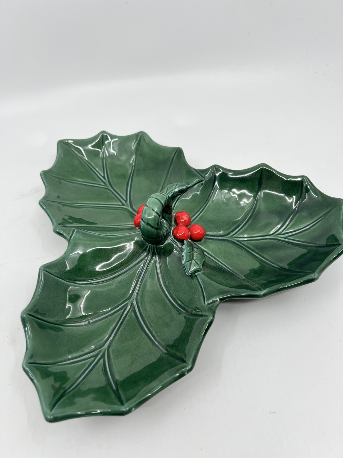 VTG Lefton Green Holly Berry 4 Part Relish Dish Tray W/ Handle  Christmas  #6009